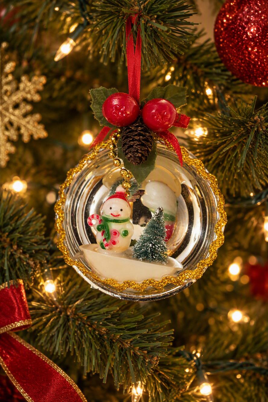 2 1/4" Christmas Snowman Plastic Diarama Winter Scene Ornament Vintage